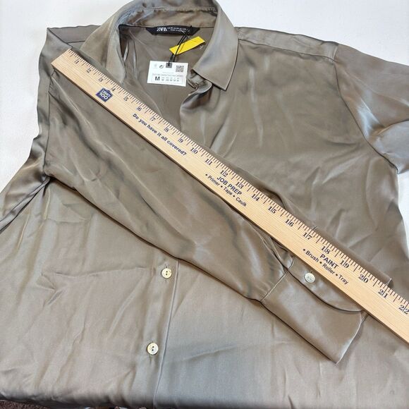 ZARA OFF GREEN SATIN V-NECK SHIRT LONG SLEEVE BUTTON CLOSURE SIZE M NWT - Picture 7 of 9